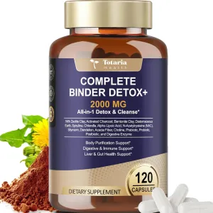 2000MG Complete Binder Detox  Activated Charcoal, Zeolite, Bentonite Clay, NAC, Milk Thistle, Probiotic, All-in-1 Detox & Cleanse Supplement, Liver & Gut Support, 120 Capsules