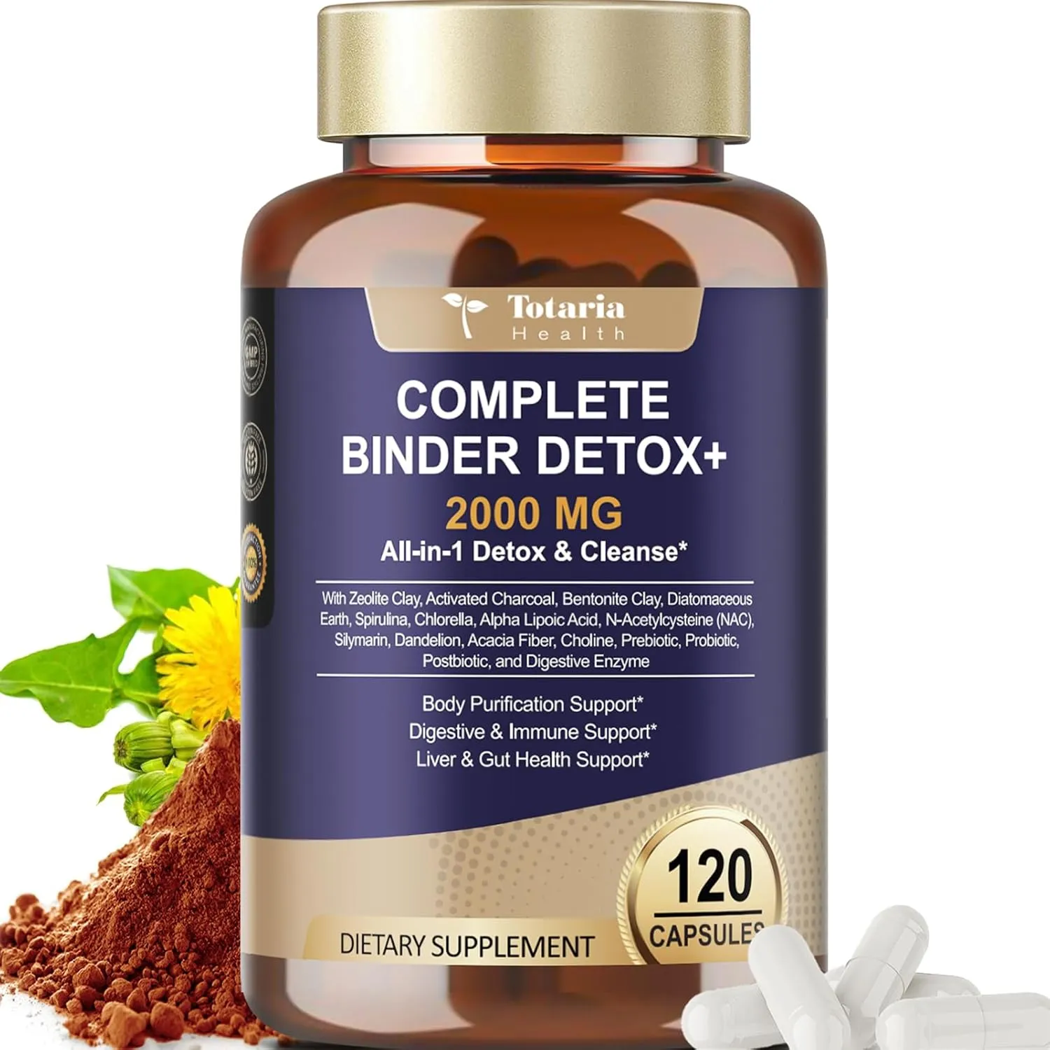 2000MG Complete Binder Detox  Activated Charcoal, Zeolite, Bentonite Clay, NAC, Milk Thistle, Probiotic, All-in-1 Detox & Cleanse Supplement, Liver & Gut Support, 120 Capsules