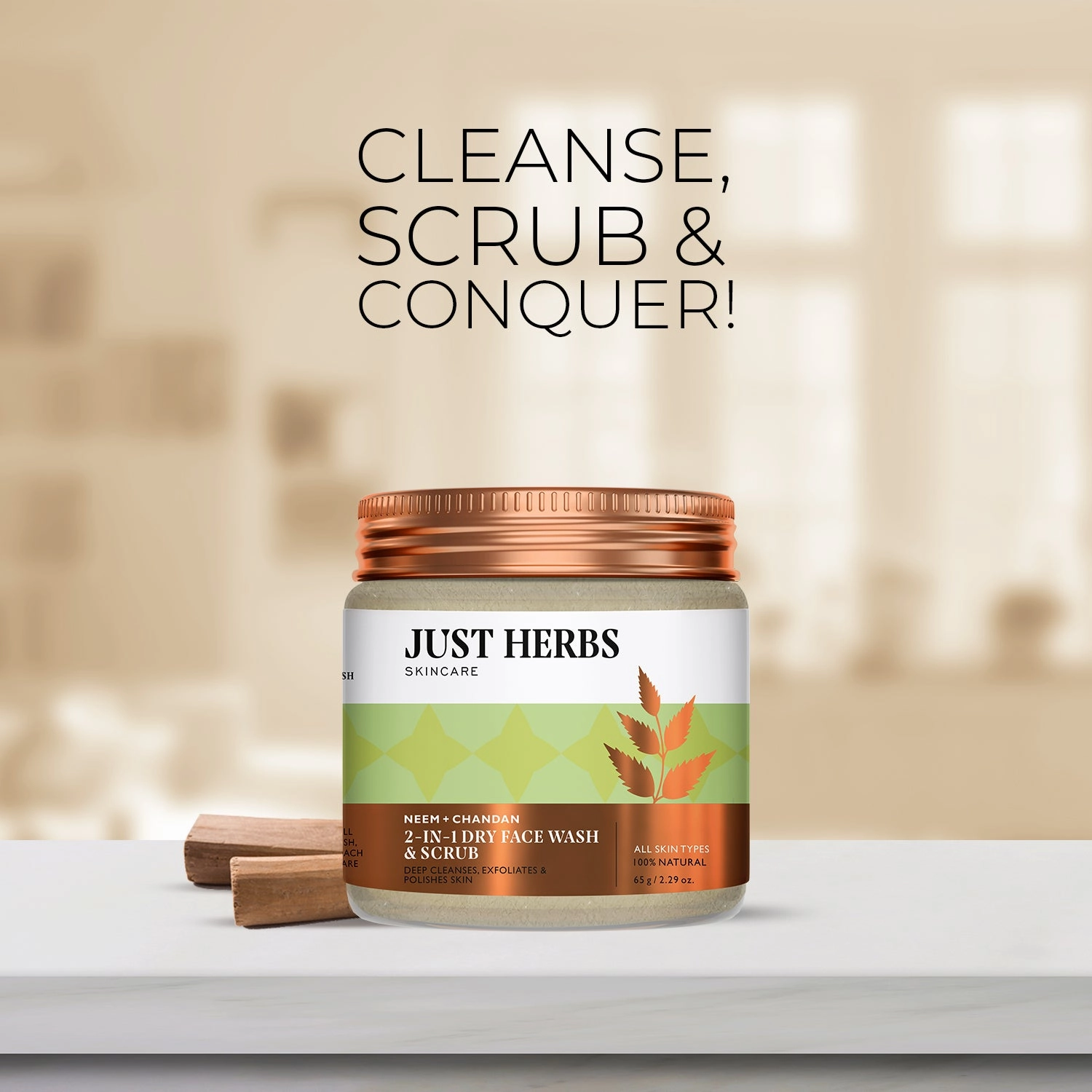 2 In 1 Dry Face Wash & Scrub with Neem and Chandan - Just Herbs