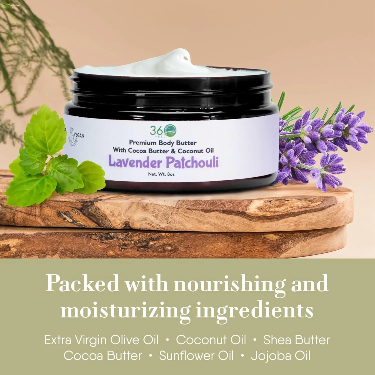360Feel Lavender Patchouli Body Butter - Nourishing and Hydrating Shea Body Butter with a Gentle Formula - Handmade with Essential Oils - Creamy Formula for Daily Use - Zero Harsh Additives - 8 Ounce