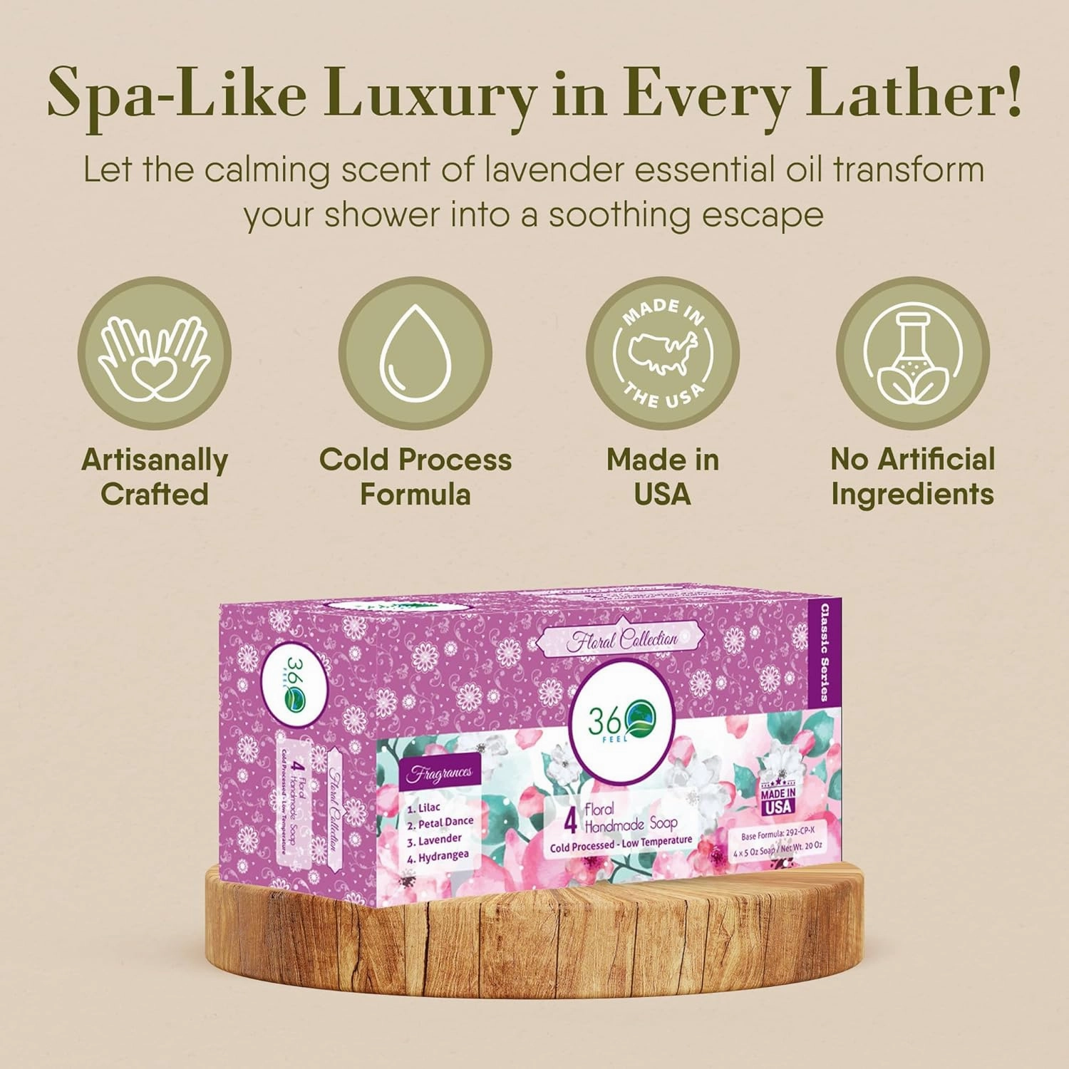 360Feel Floral Handmade Soap Gift Set - Nourishing and Hydrating Bar Soaps - Infused with Four Elegant Scents - Lavender, Lilac, Hydrangea, and Petal Dance Scents - Suitable Gift - Set of 4