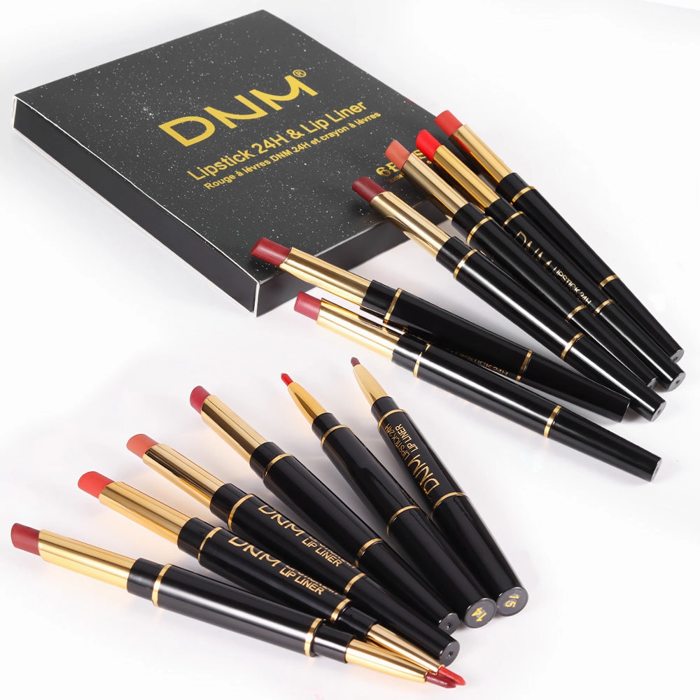 6Pcs Lip Liner and Lipstick Set,DNM Double Head Matte Mat Lipstick 24H & Lip Liner 2 in 1 Makeup Set for Black Women Waterproof Long Lasting 24 Hours Dark Red Lipstick Matte Gift Kit with Lipliner 02