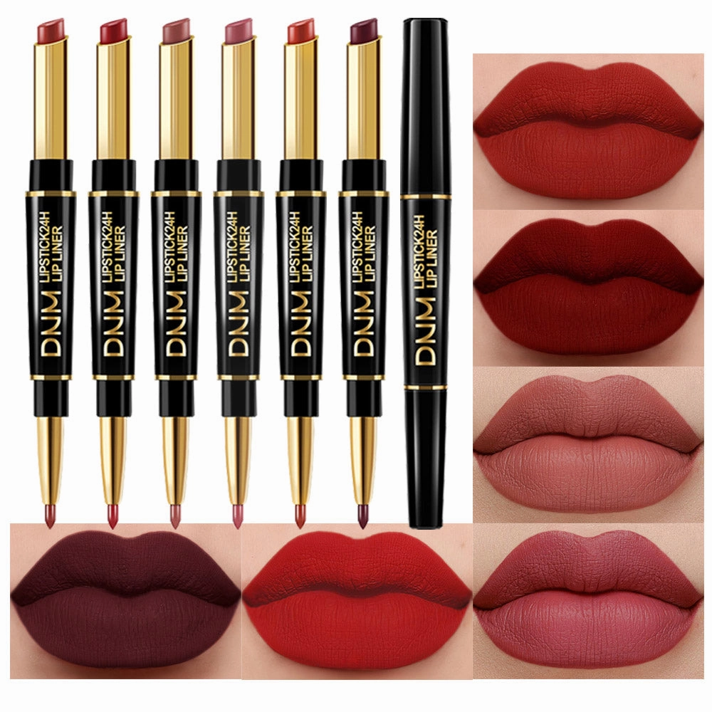 6Pcs Lip Liner and Lipstick Set,DNM Double Head Matte Mat Lipstick 24H & Lip Liner 2 in 1 Makeup Set for Black Women Waterproof Long Lasting 24 Hours Dark Red Lipstick Matte Gift Kit with Lipliner 02