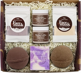 7 Piece Rich Coffee Mocha and Lavender Energizing Gift Box | Includes 2 Bath Bombs 2 Face Masks 2 Body Butters and Lavender Soap | Decadent Skin Care and Spa Gifts for Women to Restore and Revitalize