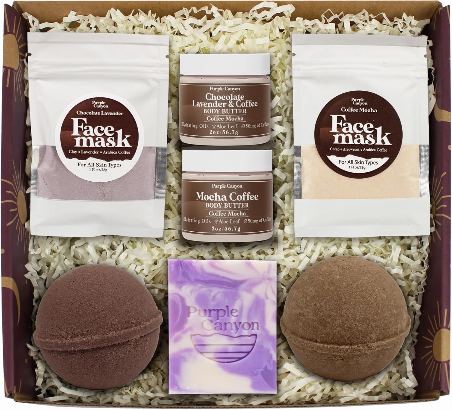 7 Piece Rich Coffee Mocha and Lavender Energizing Gift Box | Includes 2 Bath Bombs 2 Face Masks 2 Body Butters and Lavender Soap | Decadent Skin Care and Spa Gifts for Women to Restore and Revitalize