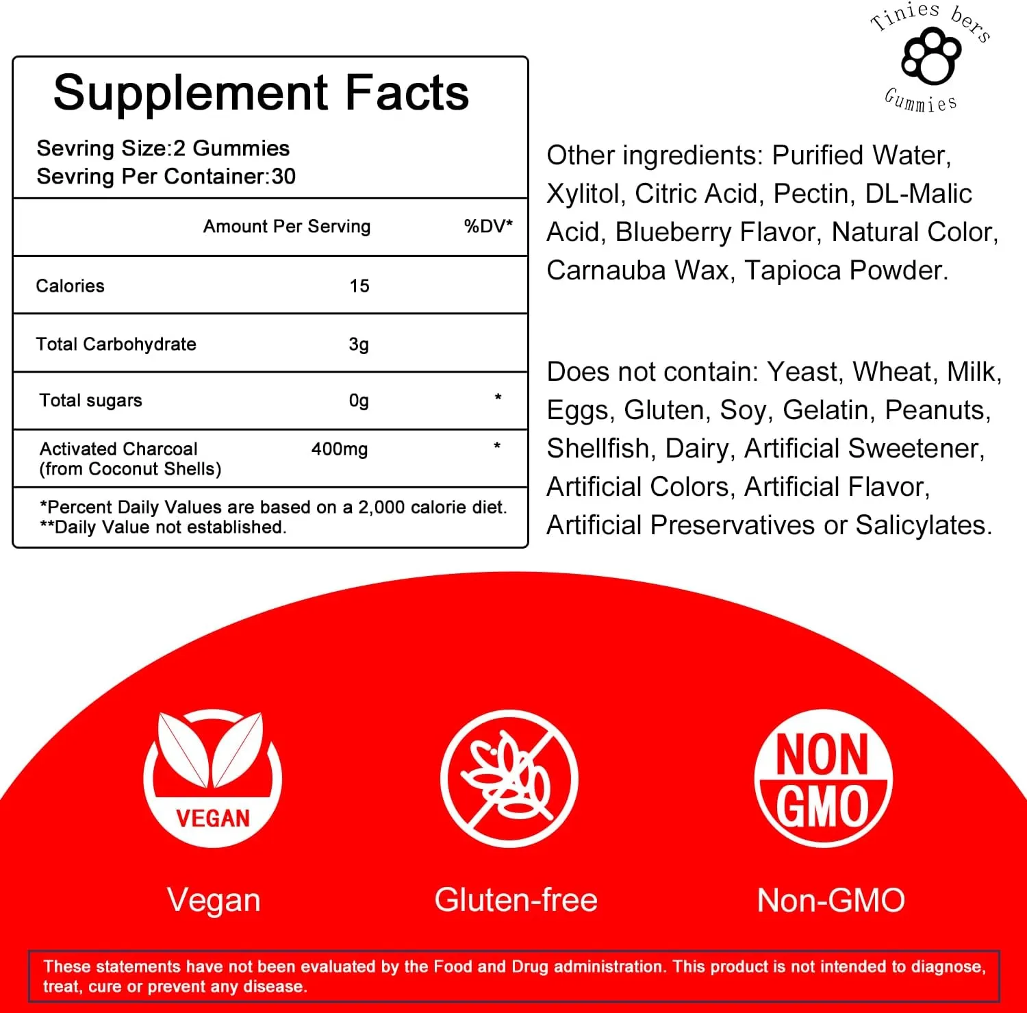 Activated Charcoal Gummies Sugar Free, 400mg Charcoal Supplements from Coconut, Quicker to Cleanse, Detox, Gas Relief, Gut & Oral Health for Adults & Kids, Gluten Free, Non GMO, Vegan, Pectin, 60