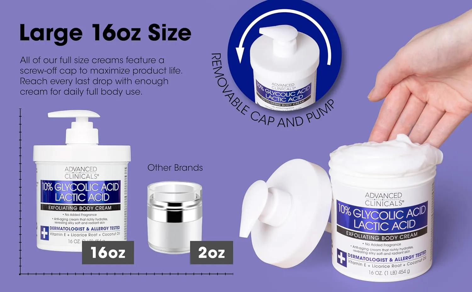 Advanced Clinicals 10% Glycolic Acid   Lactic Acid Lotion Exfoliant Moisturizing Cream With Hyaluronic Acid Moisturizer | AHA Exfoliating Body Cream Improves Look Of Uneven Rough Skin Texture, 16 Oz