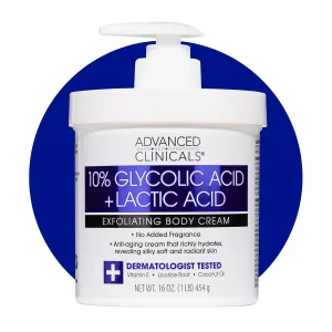 Advanced Clinicals 10% Glycolic Acid   Lactic Acid Lotion Exfoliant Moisturizing Cream With Hyaluronic Acid Moisturizer | AHA Exfoliating Body Cream Improves Look Of Uneven Rough Skin Texture, 16 Oz