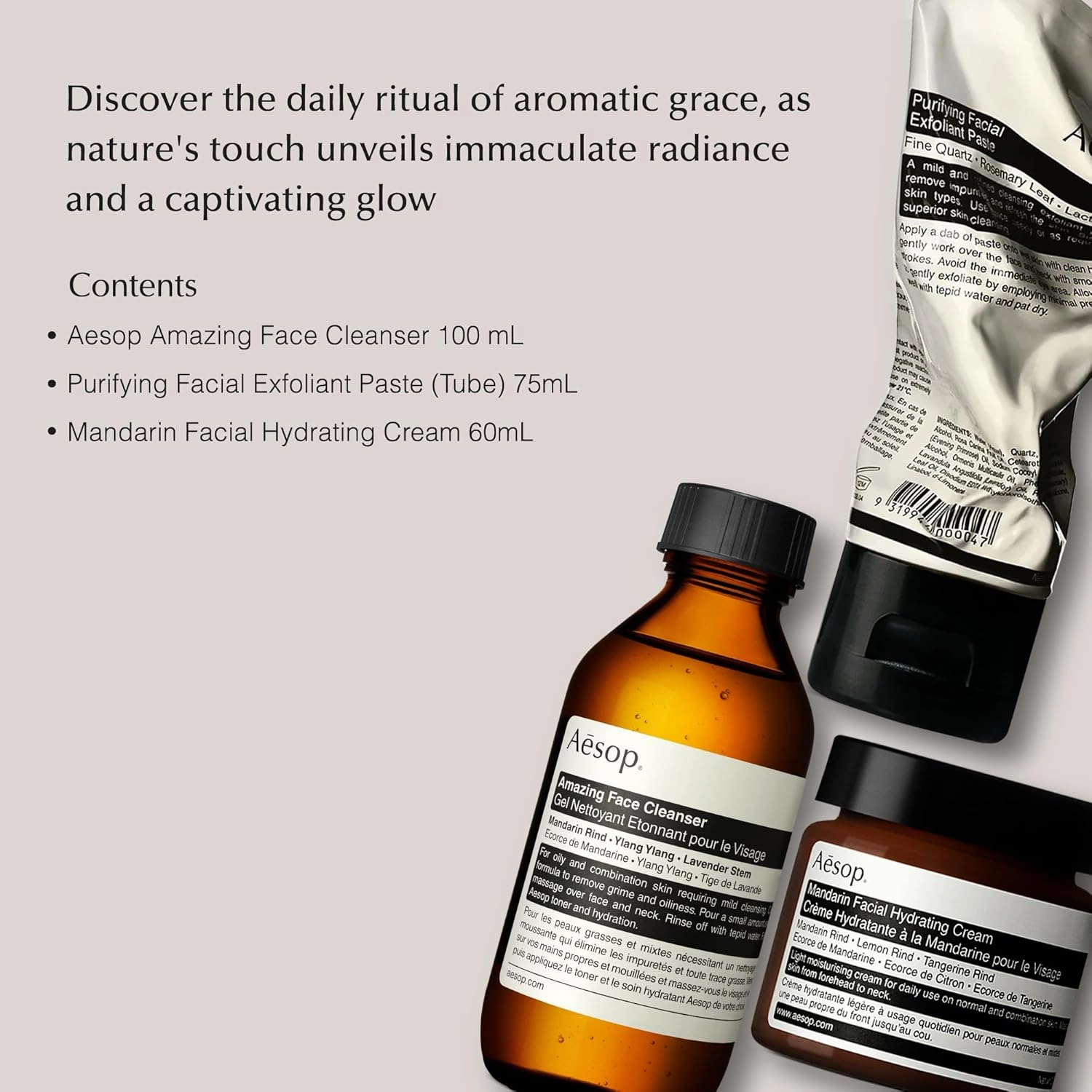 Aesop Facial Care Kit - Mandarin Facial Cream (2 Oz)   Amazing Face Cleanser (3.3 Oz) and Purifying Exfoliant Paste Tube (2.5 Oz) | Paraben-Free, Cruelty-Free & Vegan
