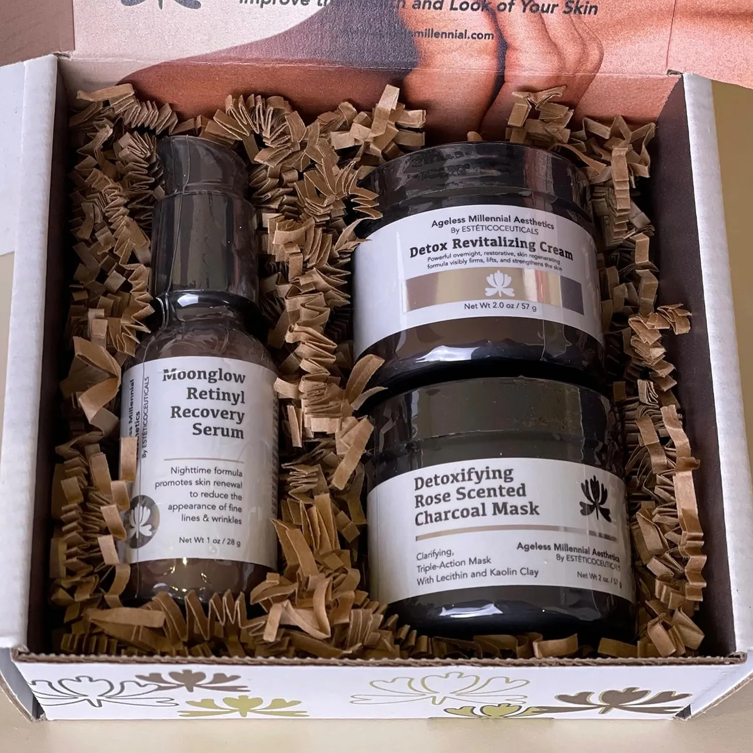 Ageless Millennial Aesthetics - Nights Skin Care Gift Box - 1 Detoxifying Charcoal Mask - 2.0oz, 1 Moonglow Retinyl Recovery Serum - 1.0oz, and 1 Detox Revitalizing Cream - 2.0oz