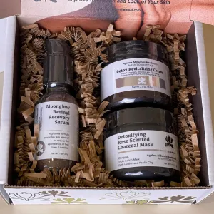 Ageless Millennial Aesthetics - Nights Skin Care Gift Box - 1 Detoxifying Charcoal Mask - 2.0oz, 1 Moonglow Retinyl Recovery Serum - 1.0oz, and 1 Detox Revitalizing Cream - 2.0oz