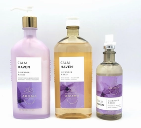 Aromatherapy Calm Haven Lavender & Iris Bath Set, Moisturizing Body Lotion 6.5 fl oz, Body Wash 16 fl oz, Essential Oil 5.3 fl oz