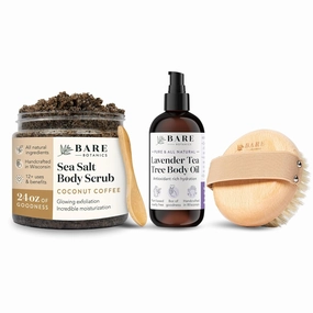 Bare Botanics Skin Reviving Trio - Coconut Coffee Scrub, Lavender Tea Tree Body Oil, & Dry Brush
