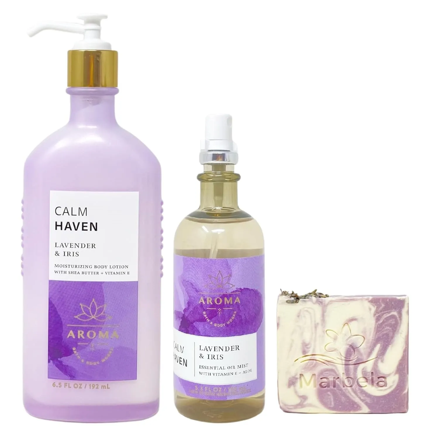 Bath & Body Works Aroma Calm Heaven Lavender & Iris Body Lotion and Essential Oil Mist Duo Set with a Lavender Dream Bar Soap - Full Size