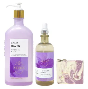 Bath & Body Works Aroma Calm Heaven Lavender & Iris Body Lotion and Essential Oil Mist Duo Set with a Lavender Dream Bar Soap - Full Size