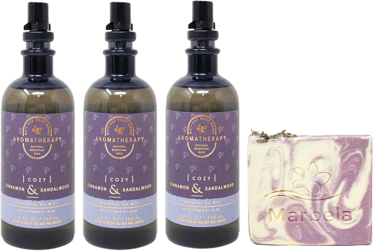 Bath & Body Works Aromatherapy Cozy Cinnamon & Sandalwood 3 Pack Essential Oil Mist with a Lavender Dream Soap - Full Size
