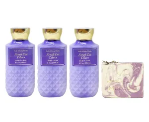 Bath & Body Works Fresh Cut Lilacs 3 Pack Body Lotion Bundle with a Lavender Dream Bar Soap - Full Size