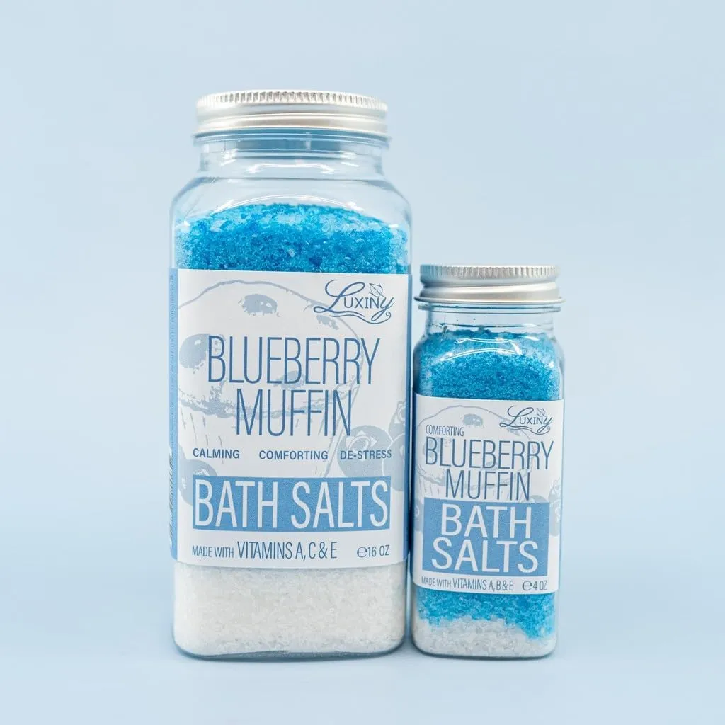 Bath Salts for Women, Relaxing Sea Salt Bath Soak with Moisturizing Almond Oil, and Fragrance Oils Made in The USA by Luxiny, 16 oz. (Blueberry)