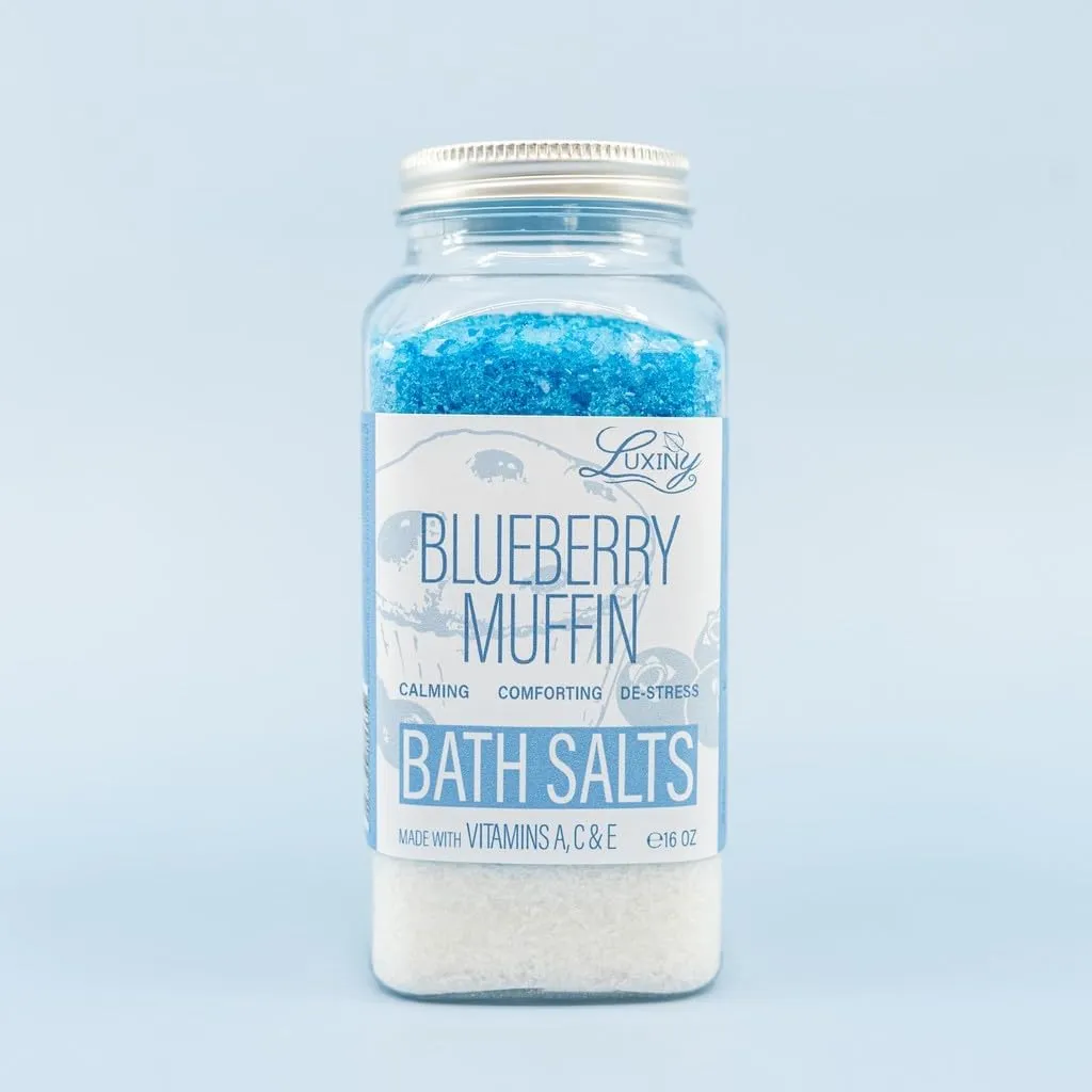 Bath Salts for Women, Relaxing Sea Salt Bath Soak with Moisturizing Almond Oil, and Fragrance Oils Made in The USA by Luxiny, 16 oz. (Blueberry)