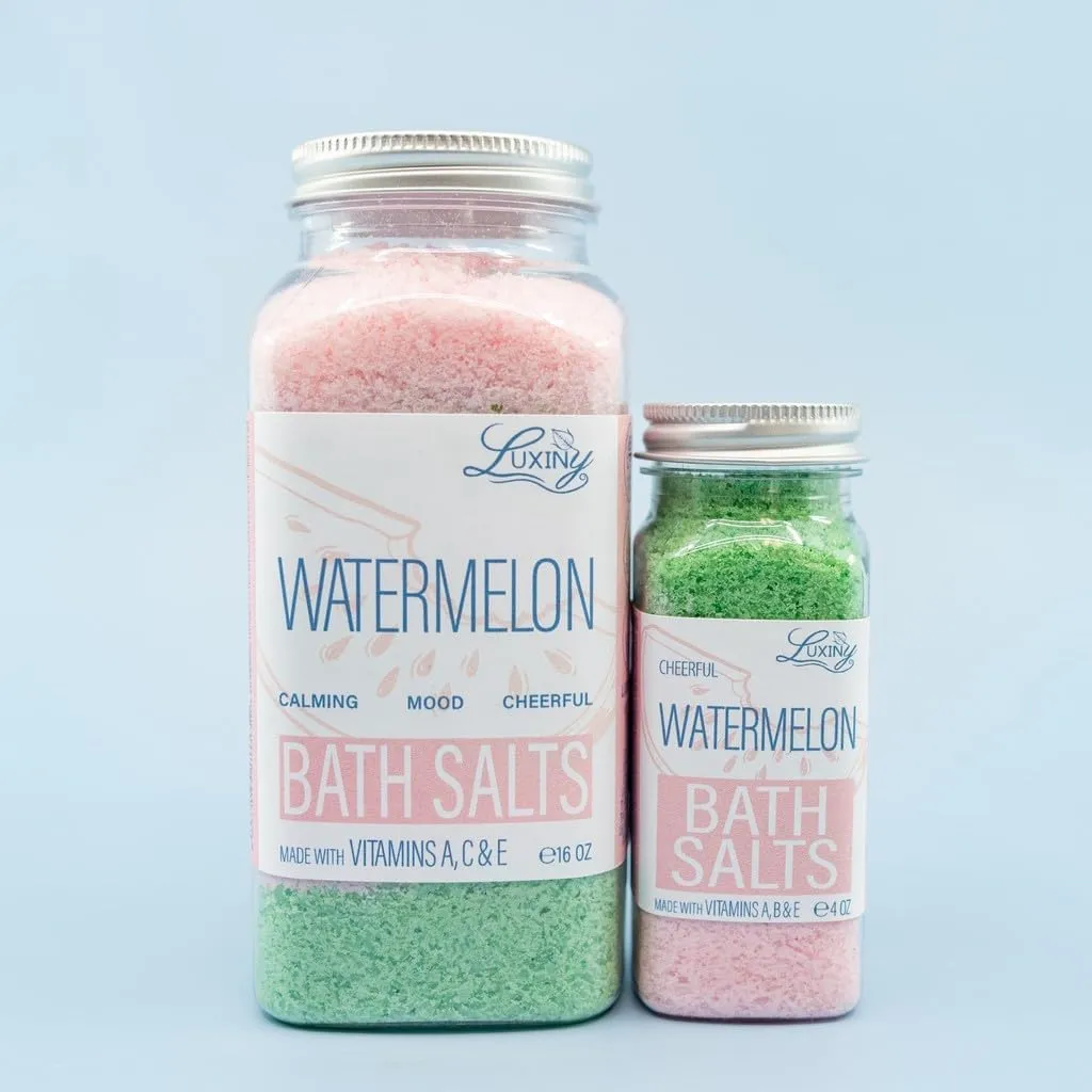 Bath Salts for Women, Relaxing Sea Salt Bath Soak with Moisturizing Almond Oil, and Fragrance Oils Made in The USA by Luxiny, 16 oz. (Watermelon)