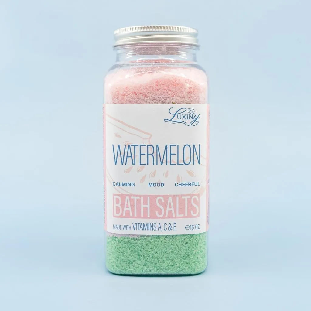 Bath Salts for Women, Relaxing Sea Salt Bath Soak with Moisturizing Almond Oil, and Fragrance Oils Made in The USA by Luxiny, 16 oz. (Watermelon)