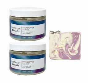 Bath & Body Works Aroma Northern Brights Eucalyptus & Pine 2 Pack Body Scrub Bundle with a Lavender Dream Bar Soap - Full Size