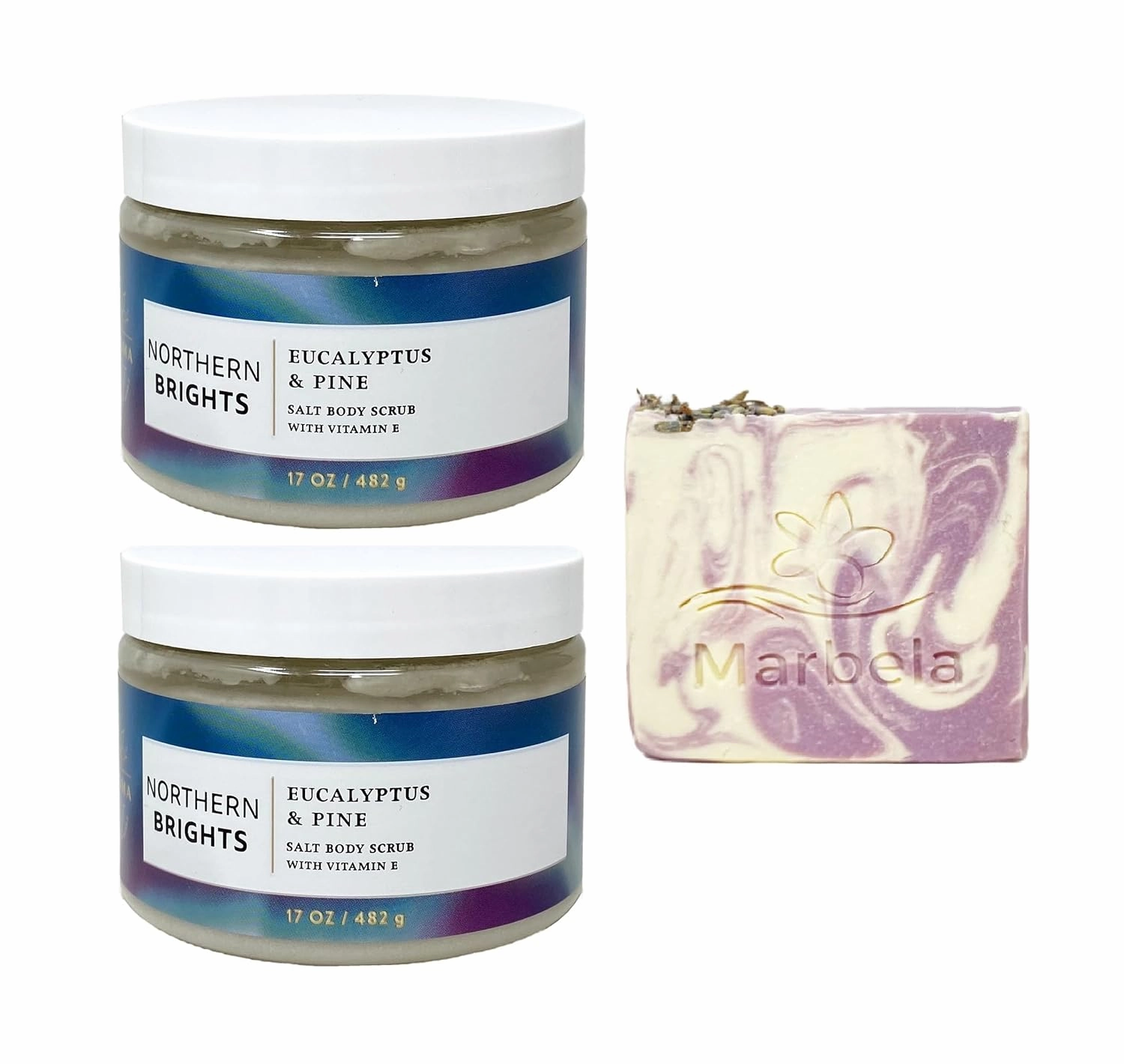 Bath & Body Works Aroma Northern Brights Eucalyptus & Pine 2 Pack Body Scrub Bundle with a Lavender Dream Bar Soap - Full Size