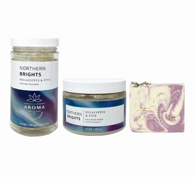 Bath & Body Works Aroma Northern Brights Eucalyptus & Pine Shower Steamer and Body Scrub Bundle with a Lavender Dream Bar Soap - Full Size