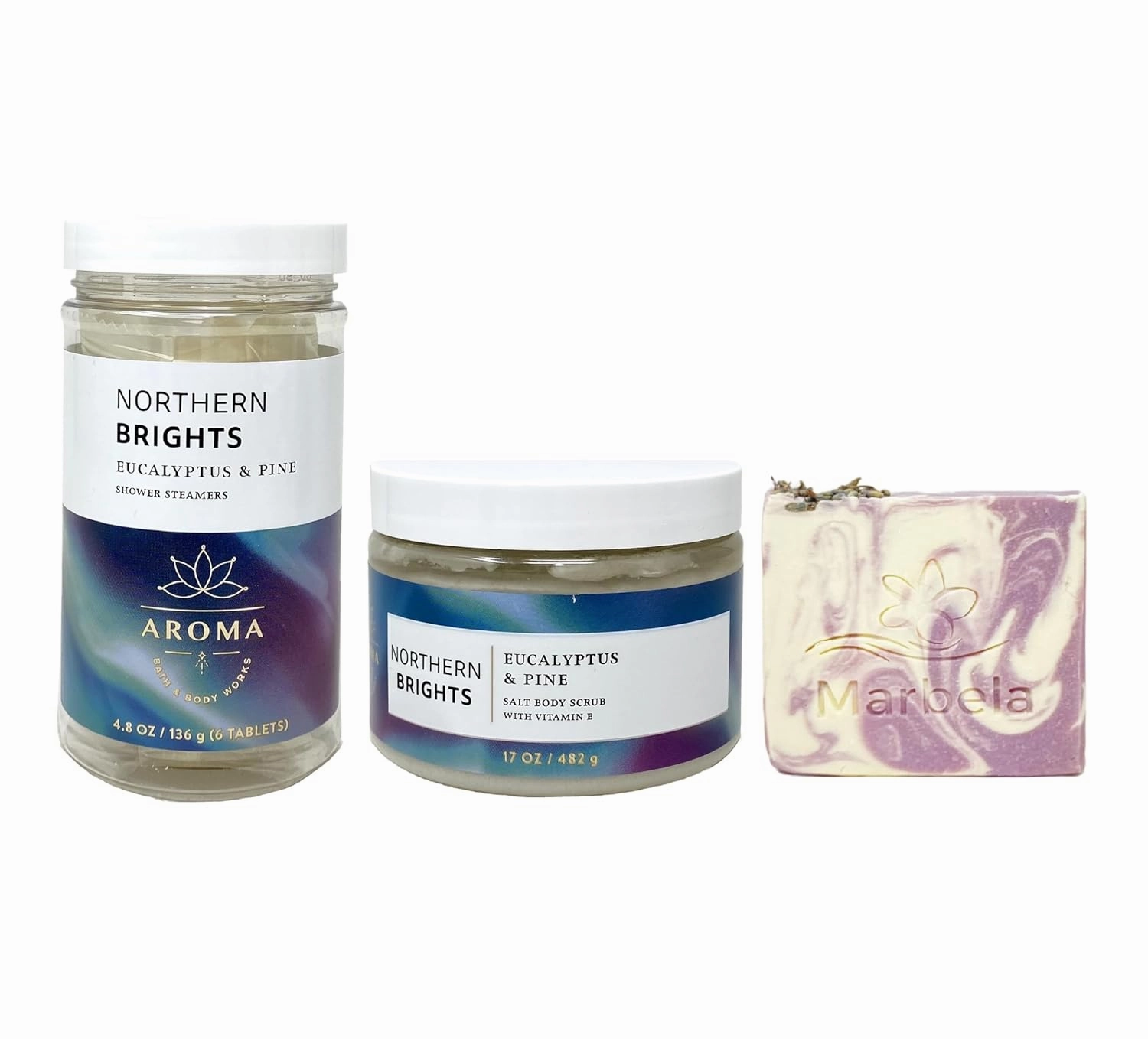 Bath & Body Works Aroma Northern Brights Eucalyptus & Pine Shower Steamer and Body Scrub Bundle with a Lavender Dream Bar Soap - Full Size