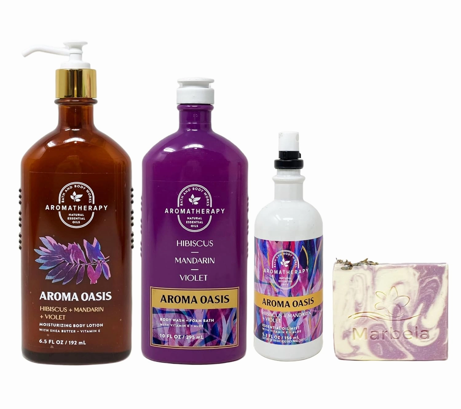 Bath & Body Works Aroma Oasis Hibiscus Mandarin Violet Trio Gift Set - Body Lotion - Body Wash   Foam and Essential Oil Mist - with a Lavender Dream Bar Soap - Full Size
