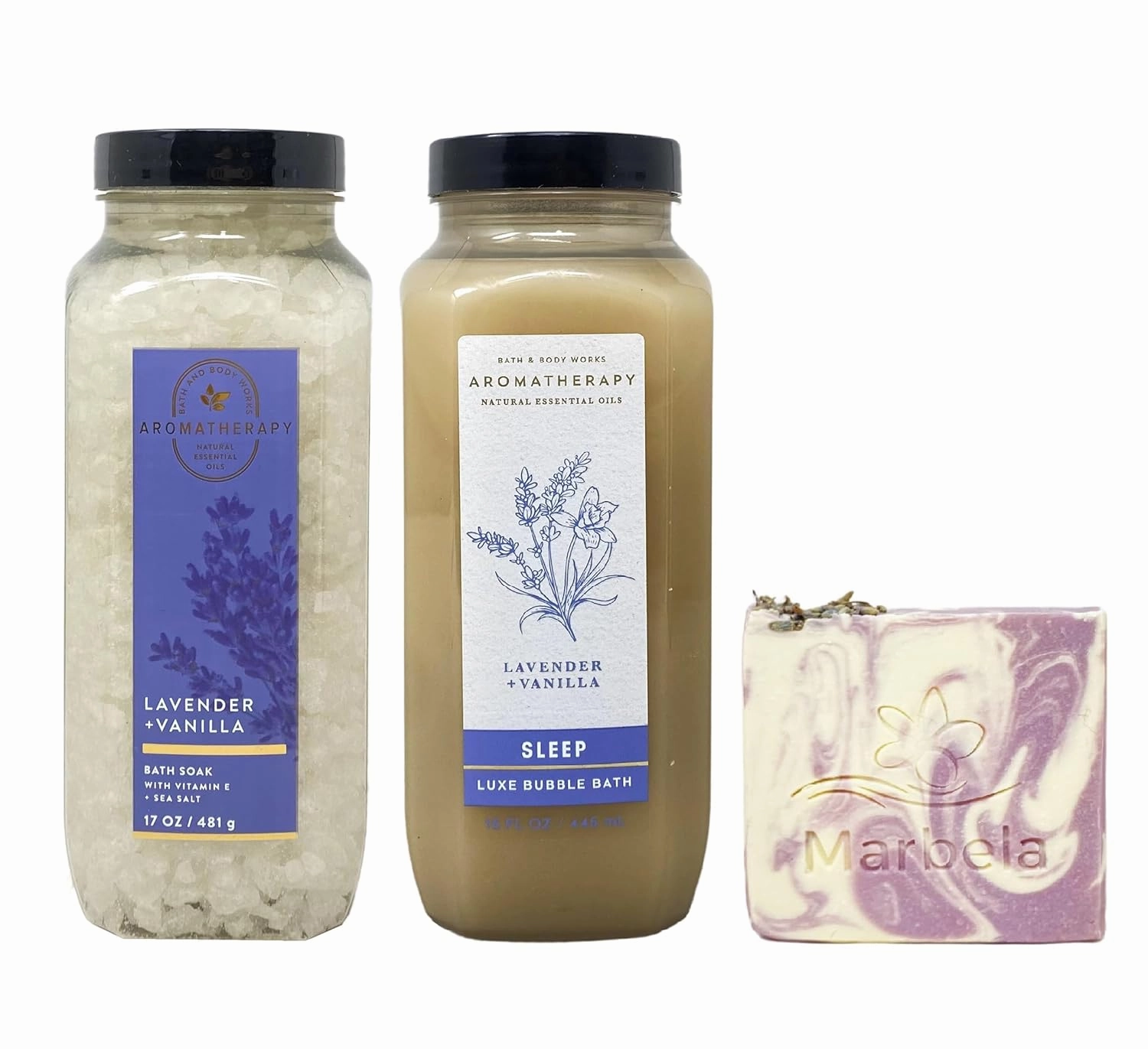 Bath & Body Works Aromatherapy Lavender   Vanilla Bath Soak and Luxe Bubble Bath Gift Set with a Lavender Dream Bar Soap - Full Size