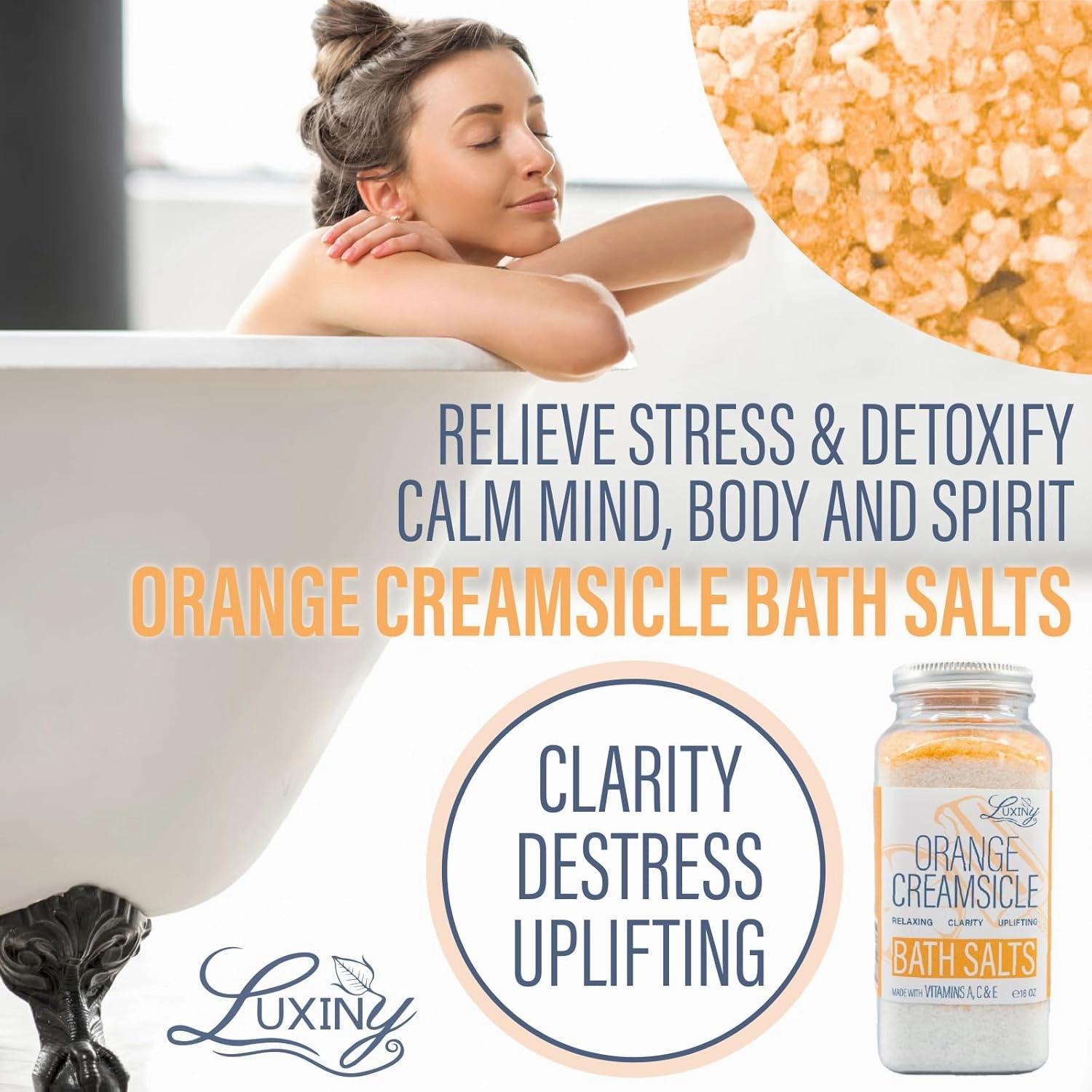 Bath Salts for Women, Relaxing Sea Salt Bath Soak with Moisturizing Almond Oil, and Fragrance Oils Made in The USA by Luxiny, 16 oz. (Orange Creamsicle)