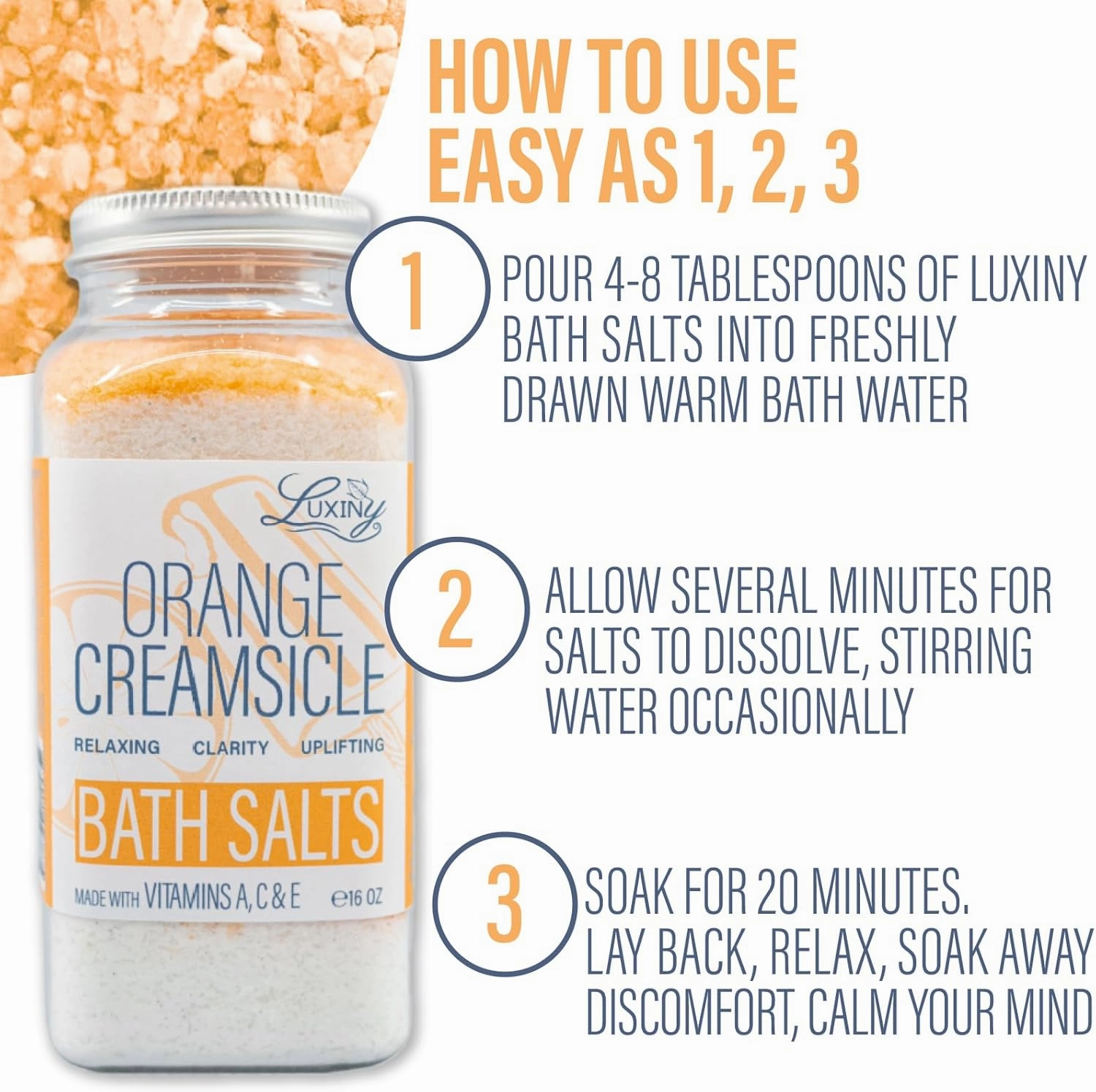 Bath Salts for Women, Relaxing Sea Salt Bath Soak with Moisturizing Almond Oil, and Fragrance Oils Made in The USA by Luxiny, 16 oz. (Orange Creamsicle)