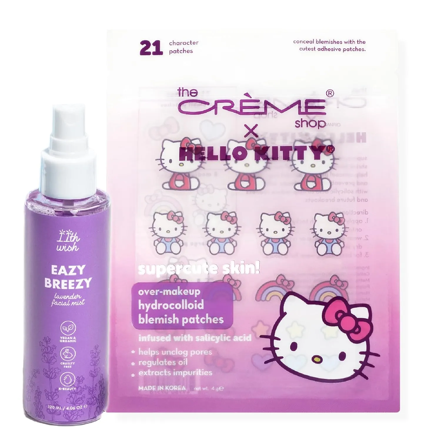 Beauty Bundle Made in Korea K- Beauty The Creme Shop X Hello Kitty Pimple Patches Hydrocolloid Acne Patch for Zits Blemeshes & Hydrating Lavender Facial Mist Spray Acne Remedy