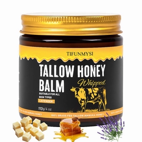 Beef Tallow for Skin – Grass-Fed Beef Tallow & Raw Honey Balm, Hydrating & Nourishing - Face Body Moisturizer, Skin Barrier Repair, Travel Essentials (113g/4 oz)