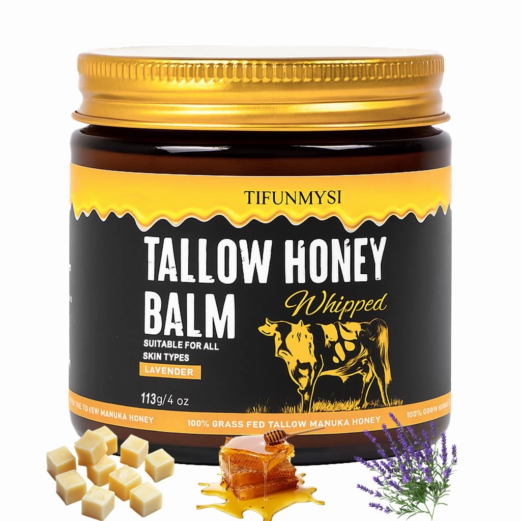 Beef Tallow for Skin – Grass-Fed Beef Tallow & Raw Honey Balm, Hydrating & Nourishing - Face Body Moisturizer, Skin Barrier Repair, Travel Essentials (113g/4 oz)