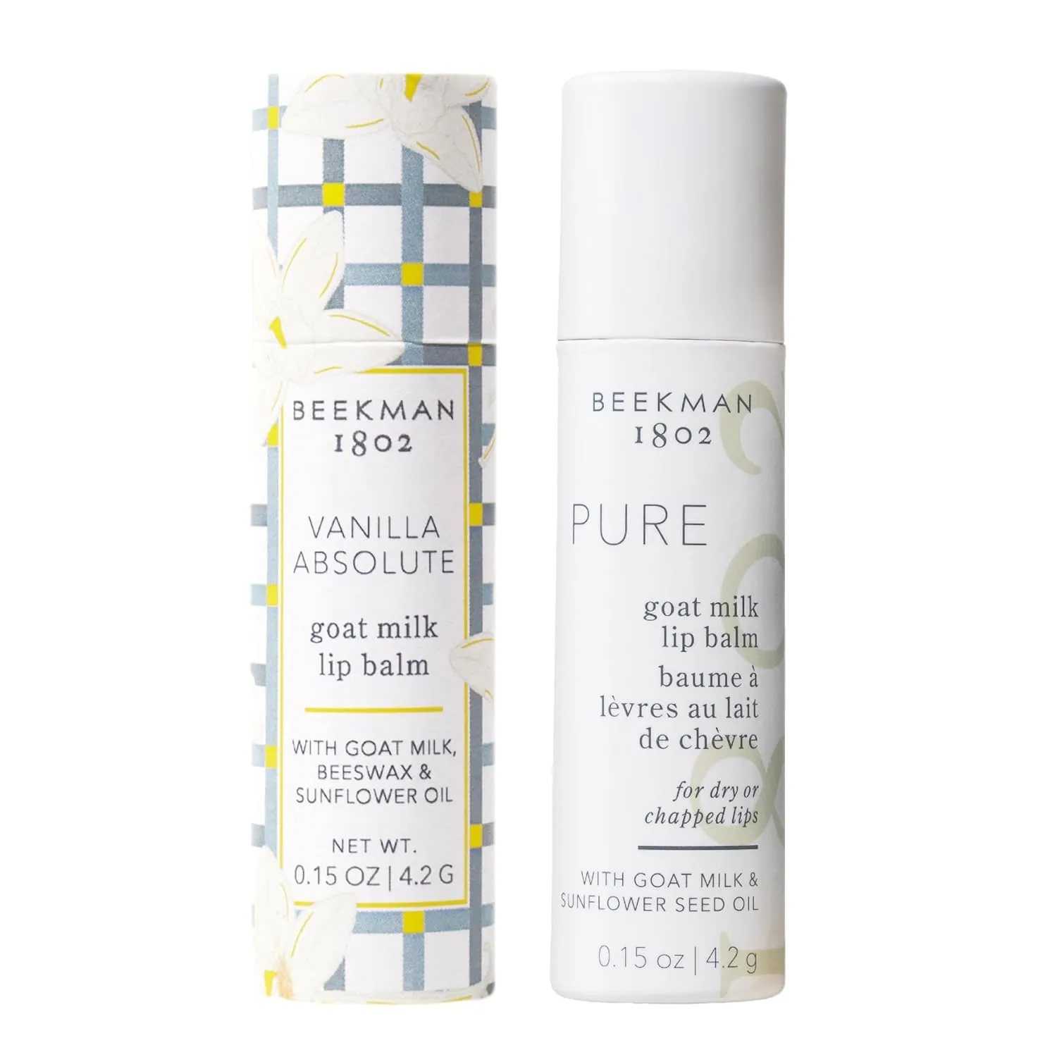 Beekman 1802 Lip Balm - Scented - 0.15 oz (Pack of 2) - Includes Vanilla and Pure (Fragrance Free) - With Goat Milk, Vitamin E & Beeswax - Good for Sensitive Skin - Cruelty Free