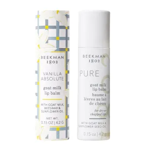 Beekman 1802 Lip Balm - Scented - 0.15 oz (Pack of 2) - Includes Vanilla and Pure (Fragrance Free) - With Goat Milk, Vitamin E & Beeswax - Good for Sensitive Skin - Cruelty Free