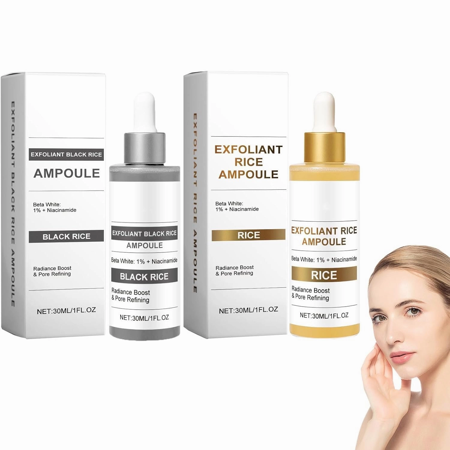 Black and White Rice Exfoliant, Peel Shot Glow Rice Ampoule Duo, Face Peeling Gel Dead Skin Remover Scrub, Radiance Boost & Pore Refining, for All Skin Types (Black & White Rice Exfoliant, 2Pcs)