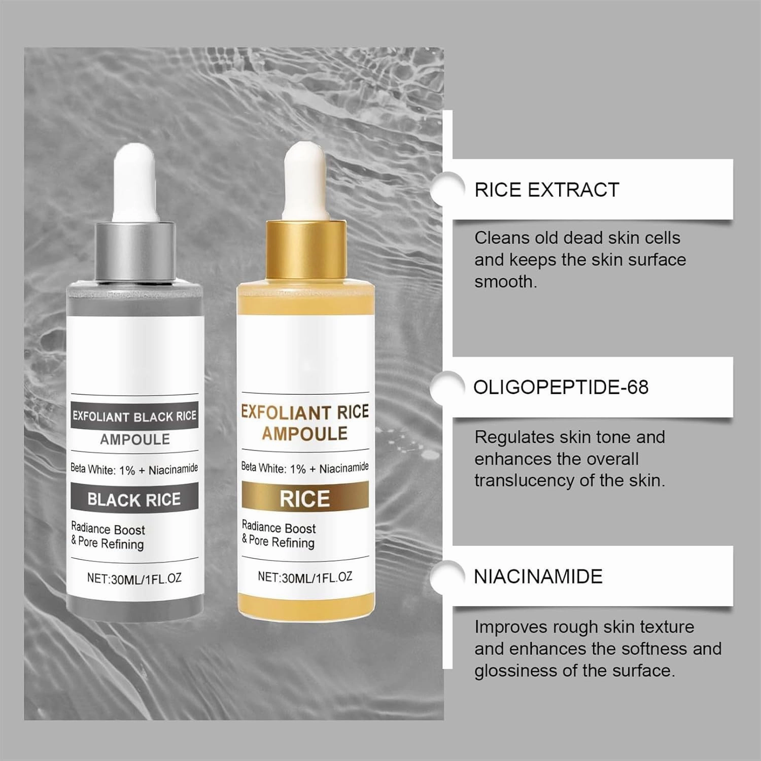 Black and White Rice Exfoliant, Peel Shot Glow Rice Ampoule Duo, Face Peeling Gel Dead Skin Remover Scrub, Radiance Boost & Pore Refining, for All Skin Types (Black Rice Brightening Exfoliant, 2Pcs)
