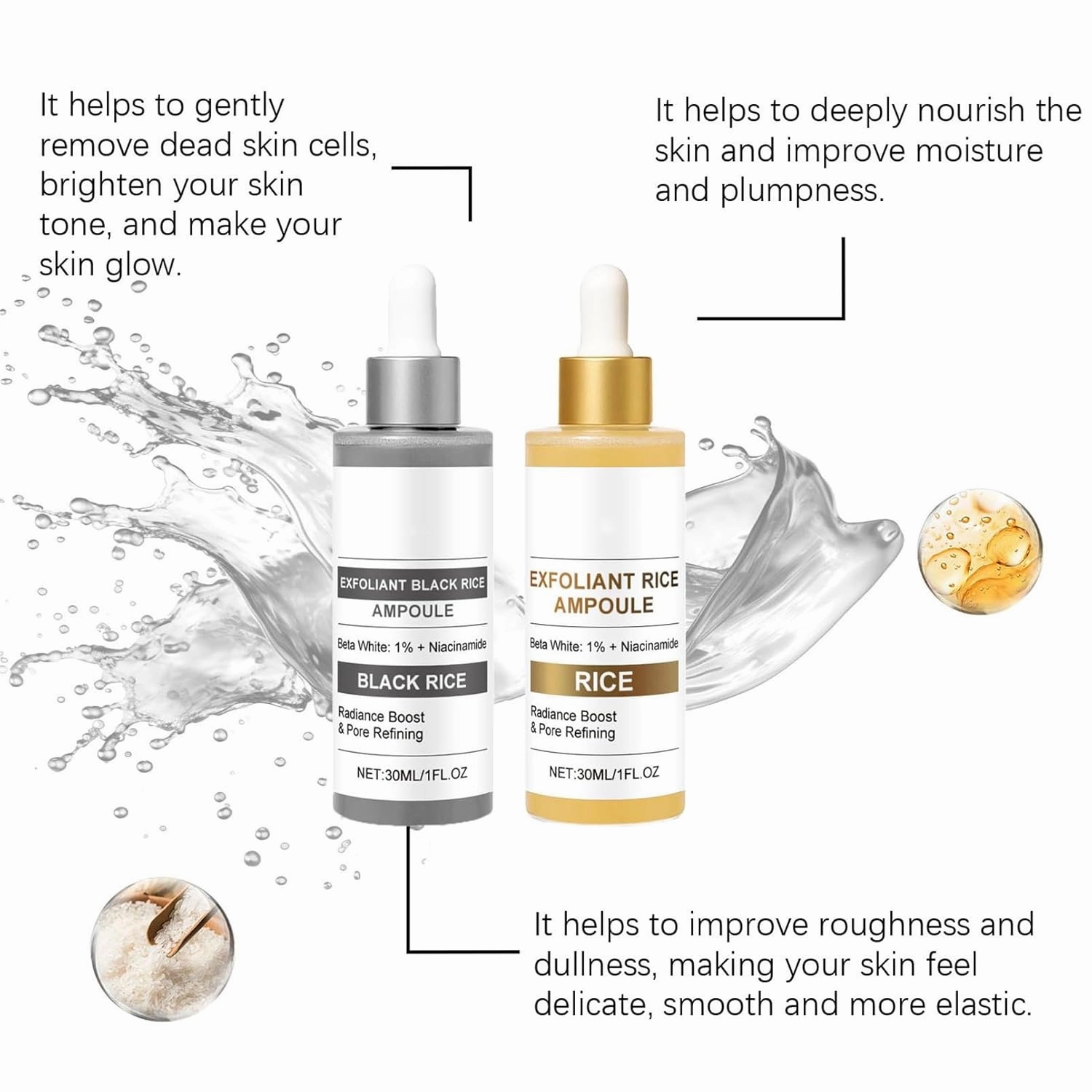 Black and White Rice Exfoliant, Peel Shot Glow Rice Ampoule Duo, Face Peeling Gel Dead Skin Remover Scrub, Radiance Boost & Pore Refining, for All Skin Types (Black Rice Brightening Exfoliant, 2Pcs)