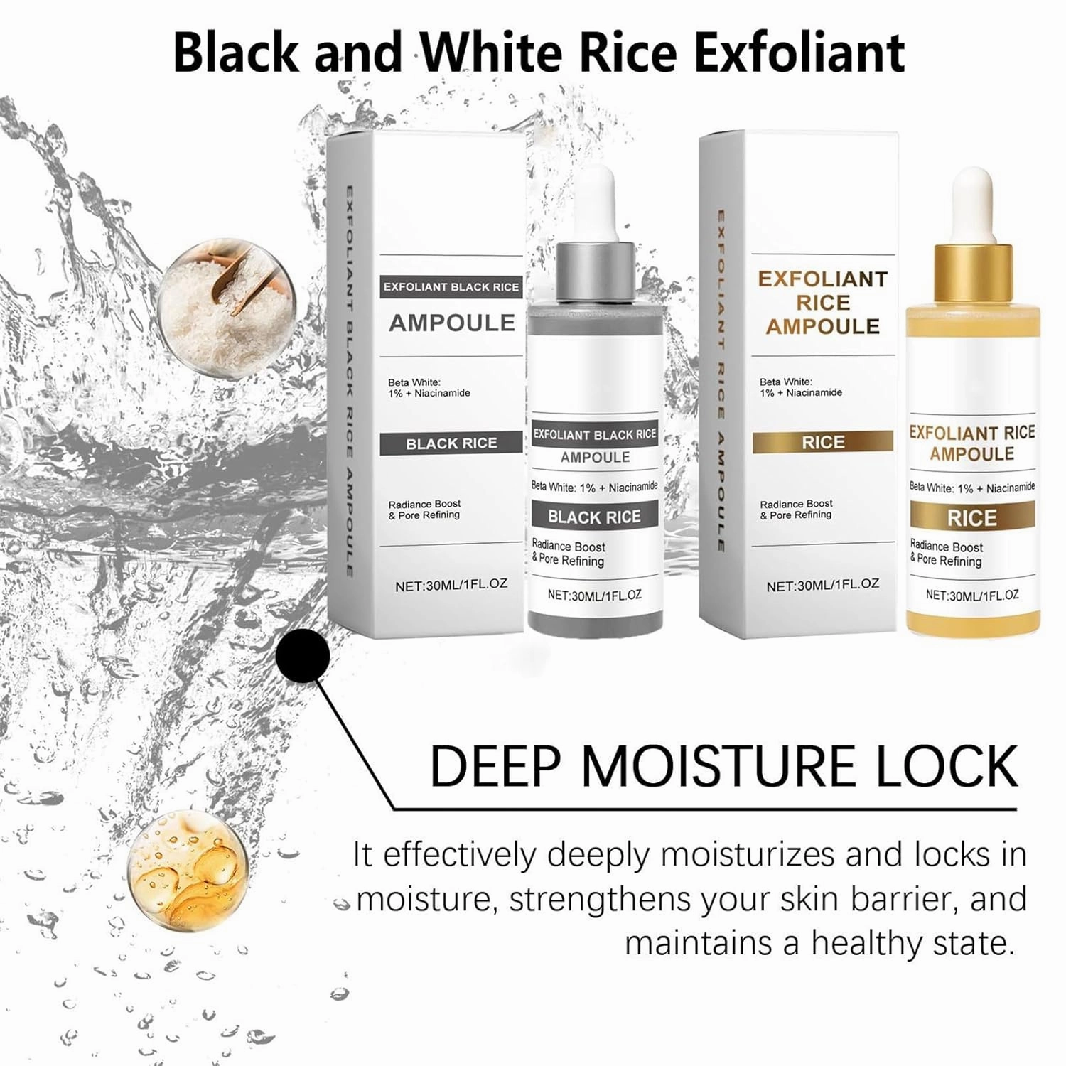 Black and White Rice Exfoliant, Peel Shot Glow Rice Ampoule Duo, Face Peeling Gel Dead Skin Remover Scrub, Radiance Boost & Pore Refining, for All Skin Types (Black Rice Brightening Exfoliant, 2Pcs)