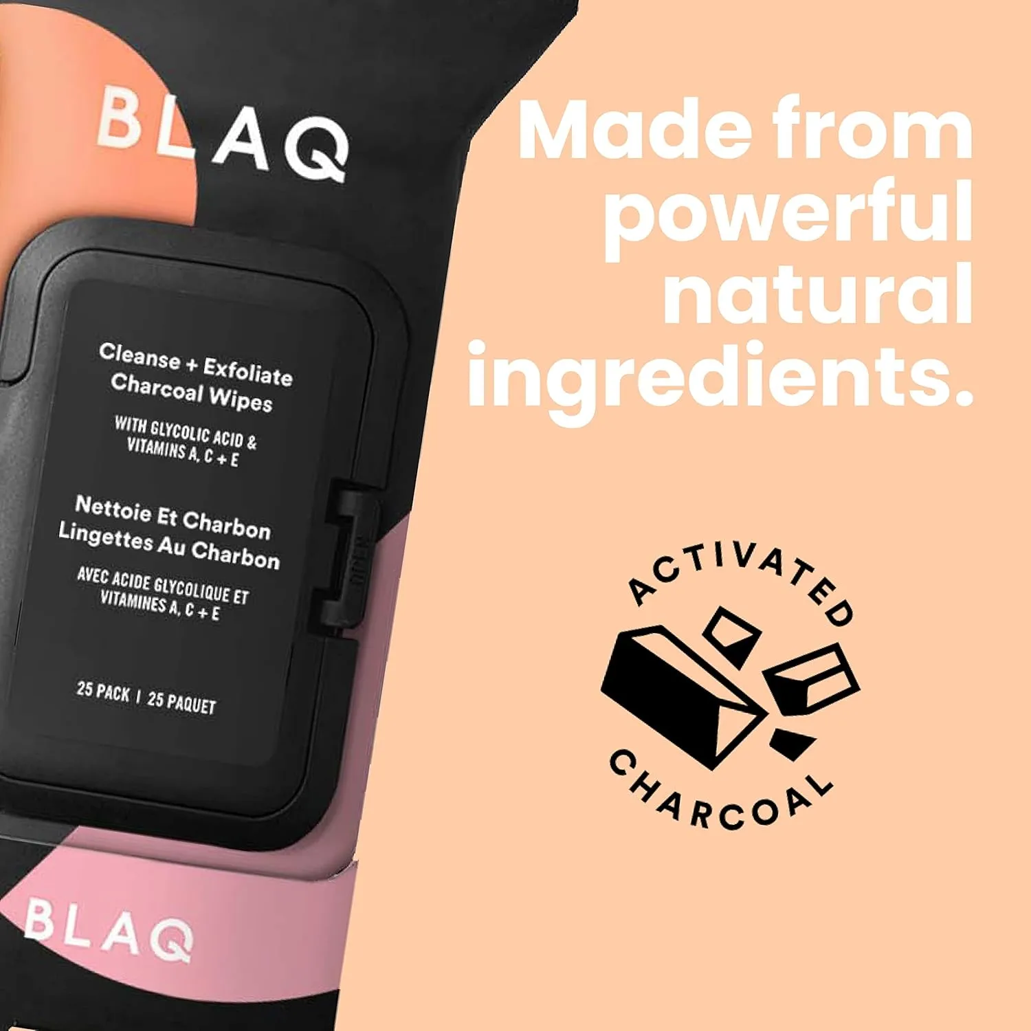 BLAQ Activated Charcoal Face Wipes - Dual Sided Charcoal Facial Cleansing Cloths - Makeup Remover, Exfoliating AHA boosted, Pore Cleansing for Acne Prone Skin - Travel Size Face Wash Cloth - 25 pcs