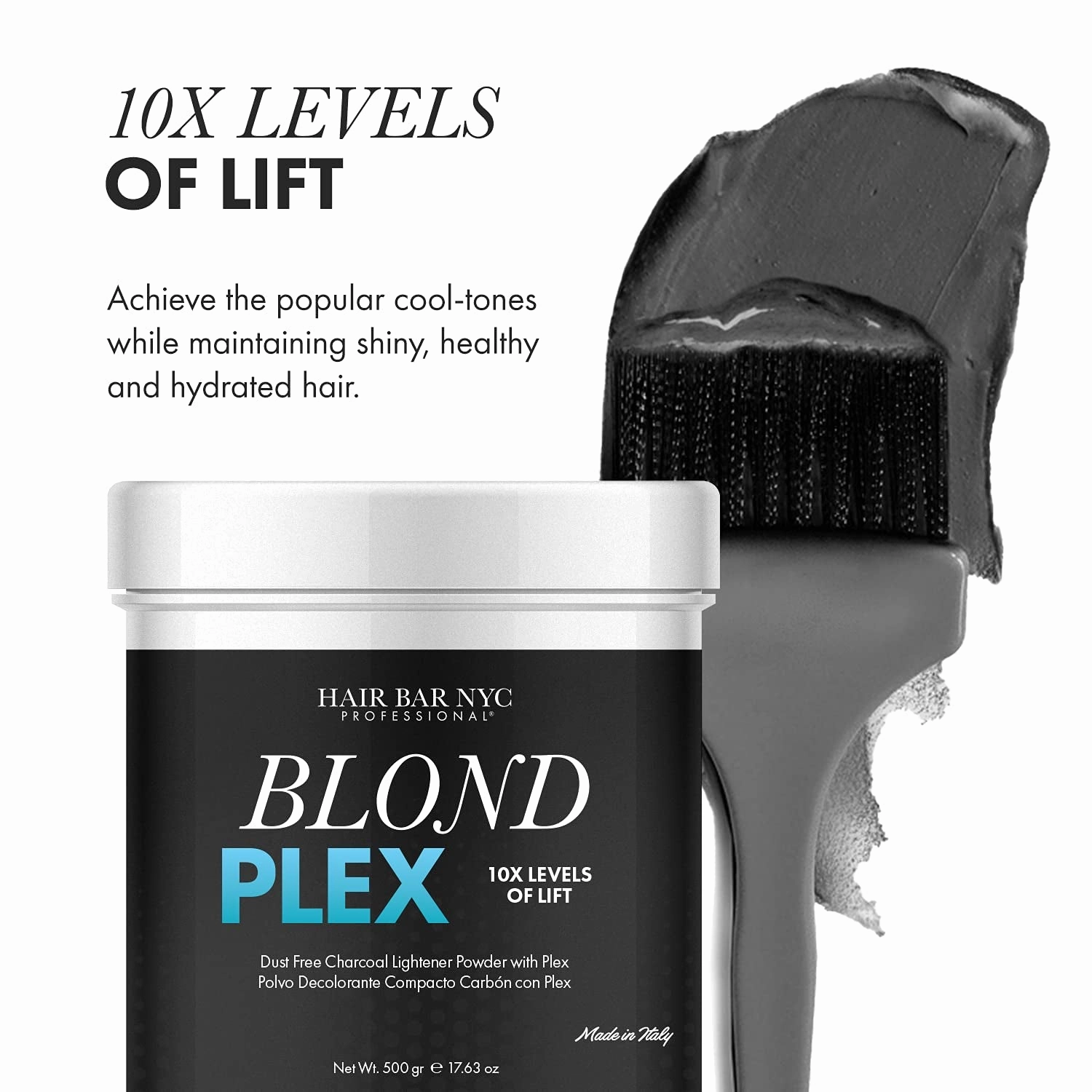 Blond Plex Extreme Lifting 10X Levels - Black/Charcoal Dust Free Lightener Powder Cool-Toned & Bright Finish - Made in Italy 500G / 17.63Oz