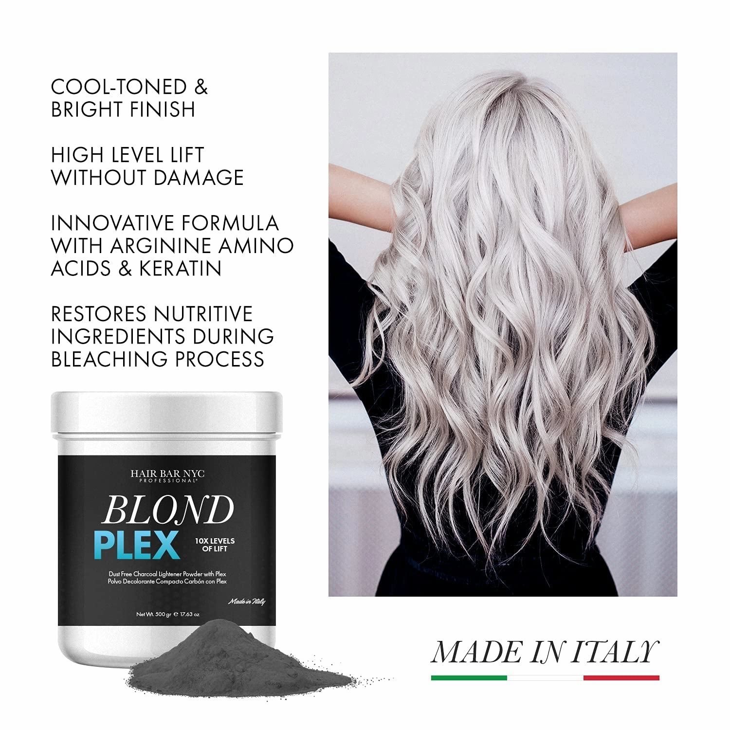Blond Plex Extreme Lifting 10X Levels - Black/Charcoal Dust Free Lightener Powder Cool-Toned & Bright Finish - Made in Italy 500G / 17.63Oz