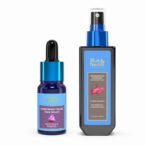 Blue Nectar Kumkumadi Face Oil, crafted with natural herbs for radiant skin (0.33 fl oz), paired with Ayurveda Rosemary Oil for Hair Growth with Bhringraj & Amla (3.38 fl oz).