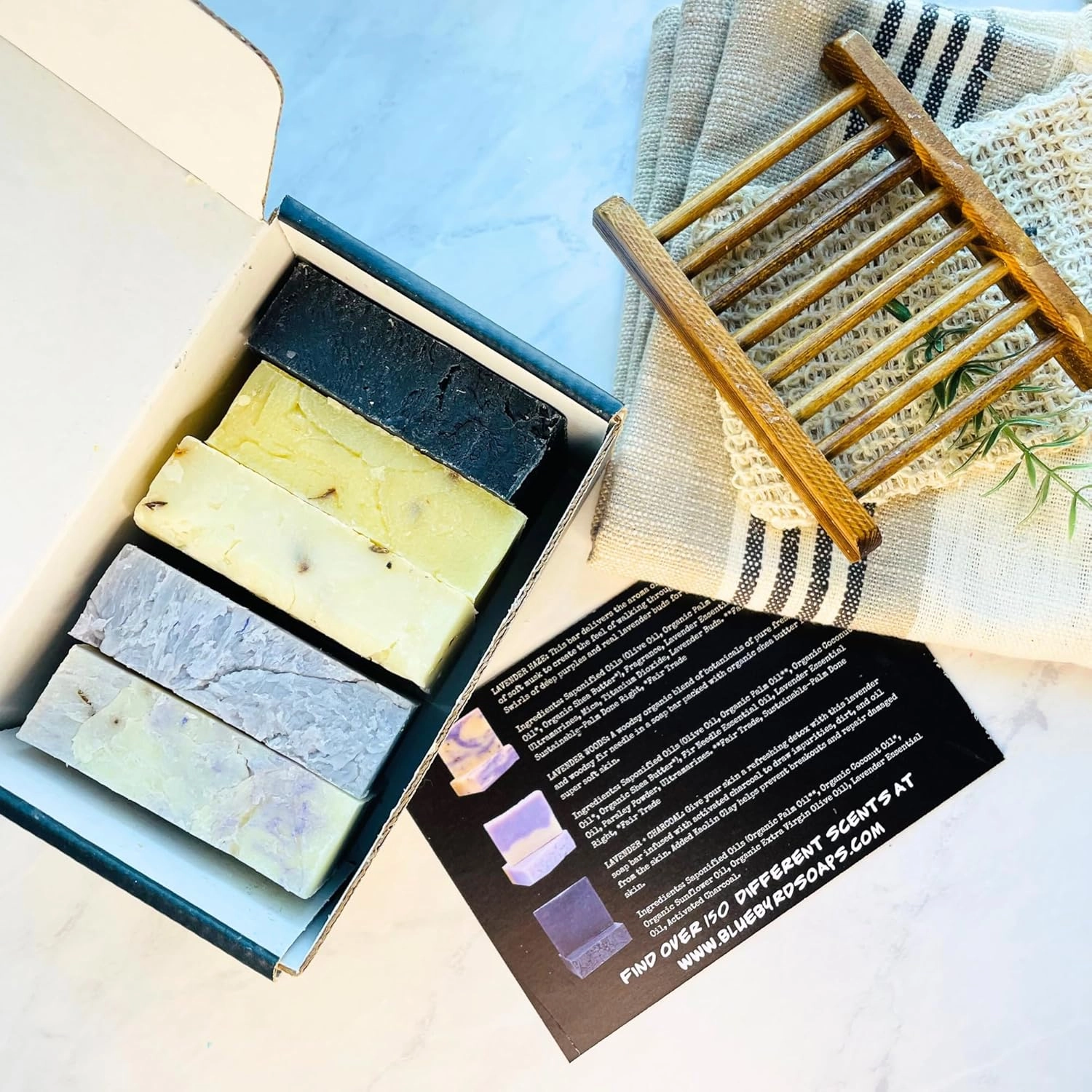 Bluebyrd Soap Co. Lavender Bliss Handmade Soap Bars 5 Pack | Organic, Vegan | Cold-Pressed, Hydrating, Moisturizing | Lavender, Orange, Woods, Charcoal Scents in Gift Box (Lavender)