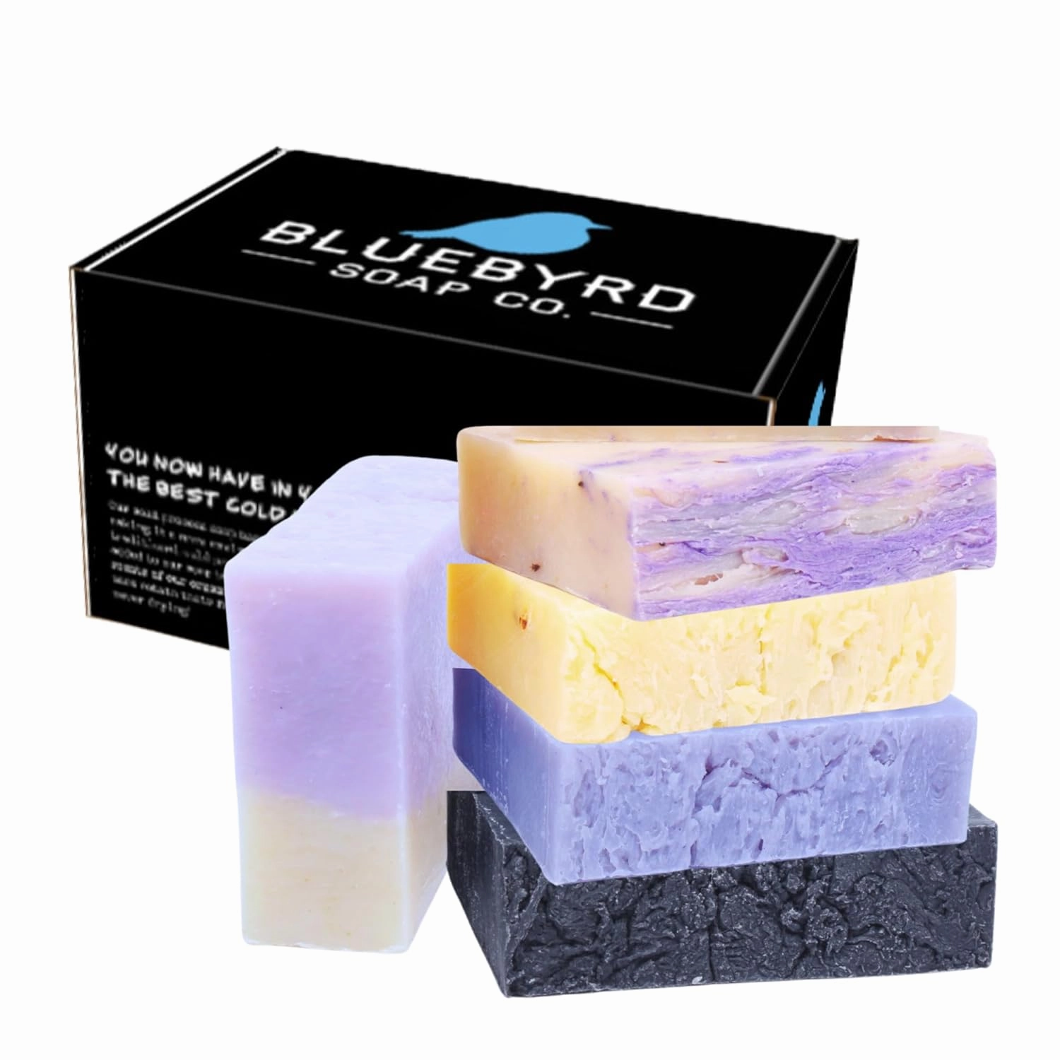 Bluebyrd Soap Co. Lavender Bliss Handmade Soap Bars 5 Pack | Organic, Vegan | Cold-Pressed, Hydrating, Moisturizing | Lavender, Orange, Woods, Charcoal Scents in Gift Box (Lavender)
