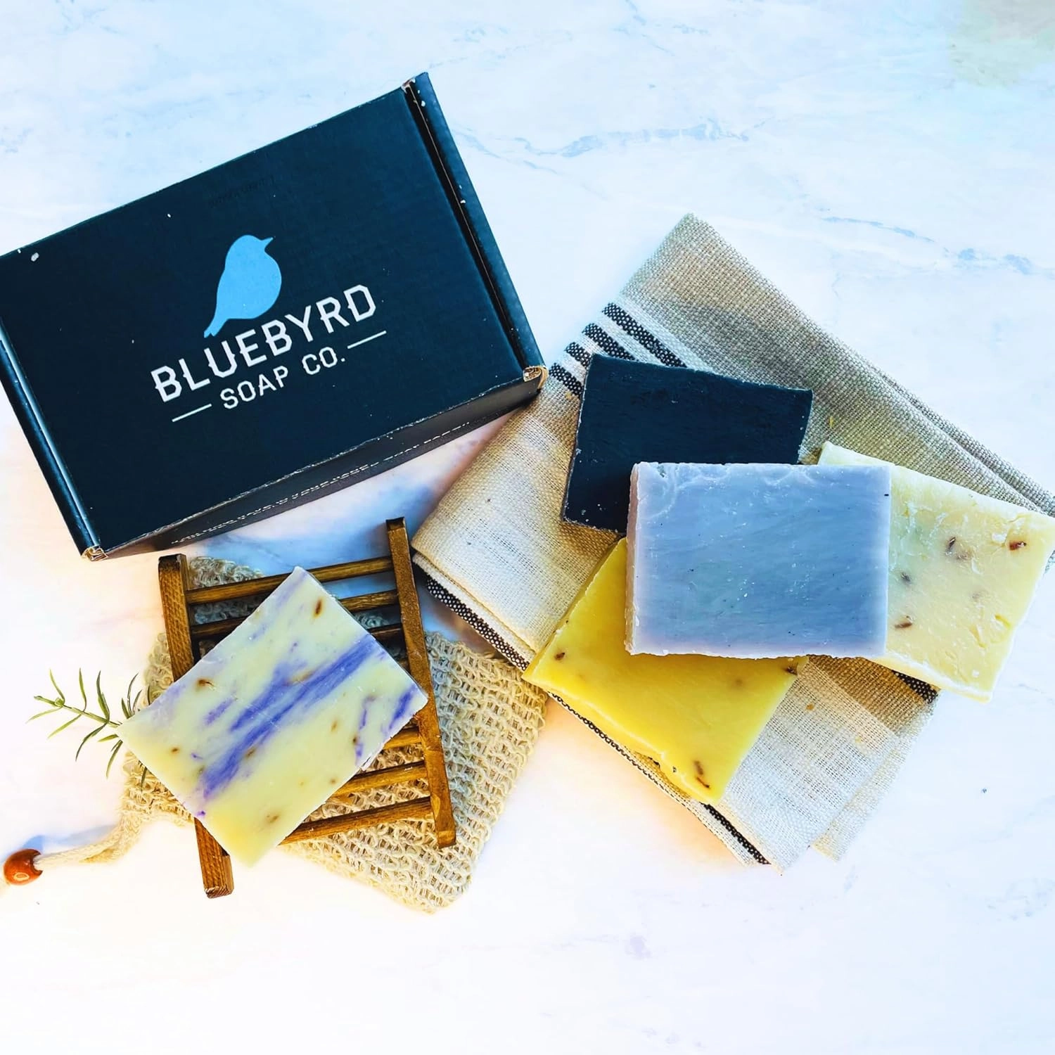 Bluebyrd Soap Co. Lavender Bliss Handmade Soap Bars 5 Pack | Organic, Vegan | Cold-Pressed, Hydrating, Moisturizing | Lavender, Orange, Woods, Charcoal Scents in Gift Box (Lavender)