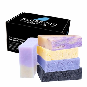 Bluebyrd Soap Co. Lavender Bliss Handmade Soap Bars 5 Pack | Organic, Vegan | Cold-Pressed, Hydrating, Moisturizing | Lavender, Orange, Woods, Charcoal Scents in Gift Box (Lavender)